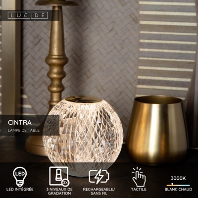Lucide CINTRA - Lampe de table Rechargeable - Batterie/Piles - Ø 9 cm - LED 3 StepDim - 1x1,5W 3000K - Transparent